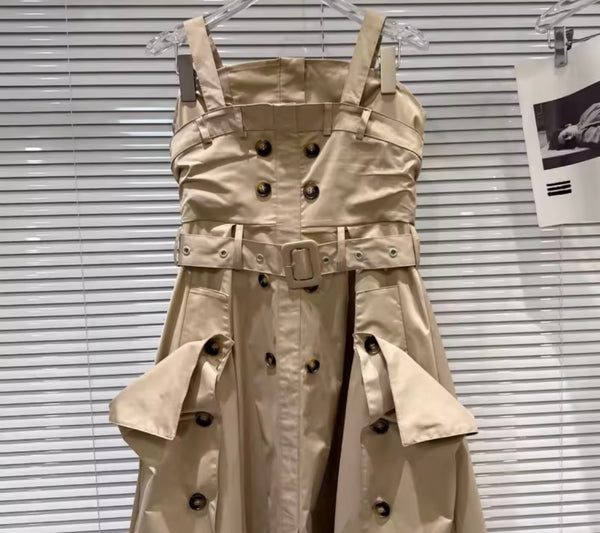Women Sleeveless Button Belted Dress