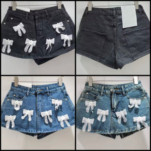 Women Fashion Bow Patchwork Denim Wrap Shorts
