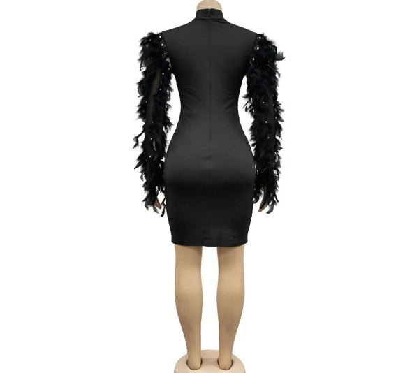 Women Black Sexy Bling Mesh Feather Full Sleeve Dress