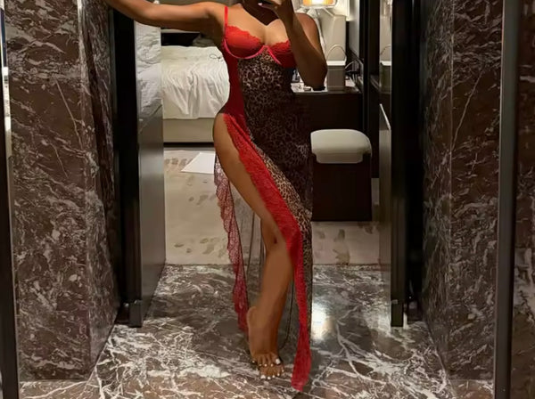 Women Sexy Red Lace Leopard Mesh Nightgown Set