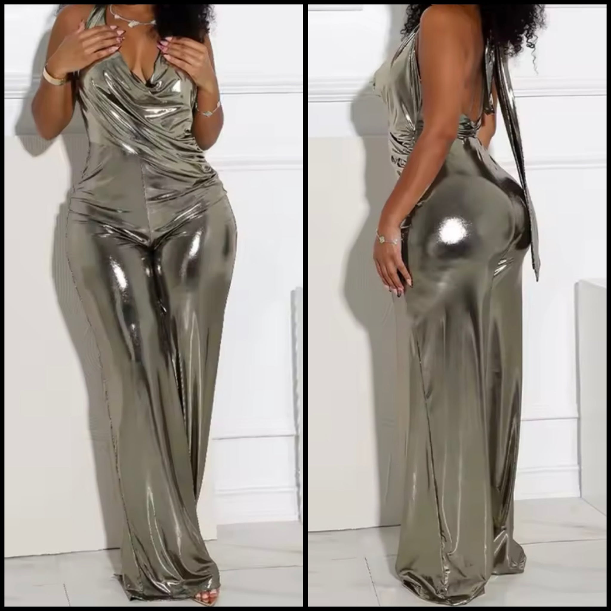 Women Sexy Silver Metallic Halter Sleeveless Jumpsuit