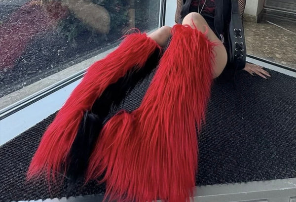 Women Fashion Black/Red Faux Fur Platform Knee High Boots