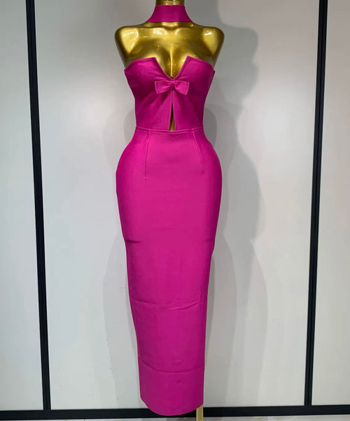 Women Sexy Strapless Bow Cut Out Bandage Maxi Dress