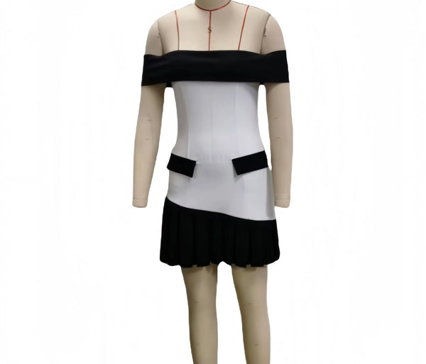 Women Sexy Off The Shoulder B&W Pleated Pocket Dress