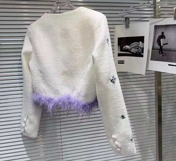 Women White Purple Printed Faux Fur Patchwork Two Piece Wrap Short Set