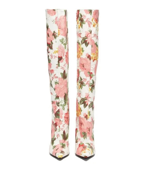 Women Fashion Knee High Floral High Heel Boots