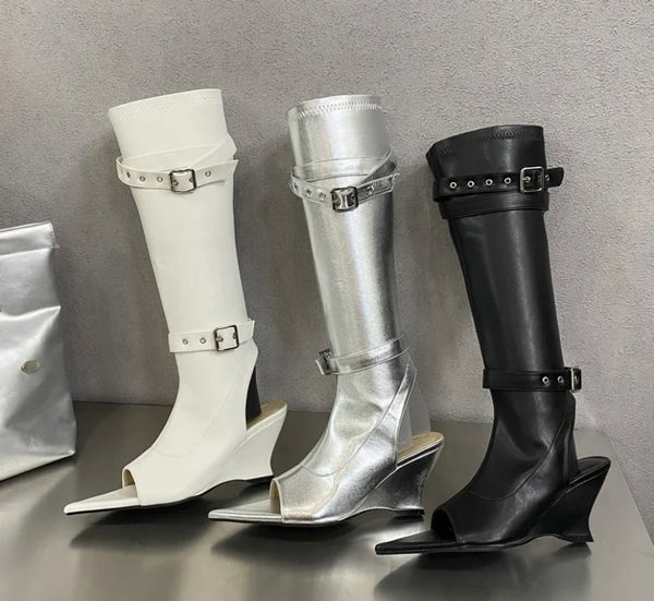 Women Fashion Pointed Open Toe Buckled Platform Wedge Knee High Boots