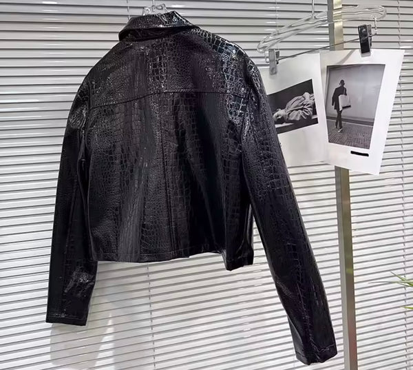 Women Fashion Faux Leather Two Piece Black Jacket Pant Set