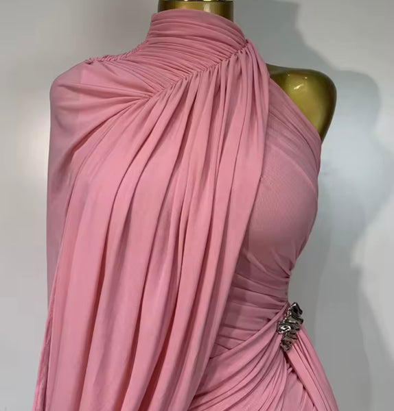 Women Sexy Pink Sleeveless Draped Dress