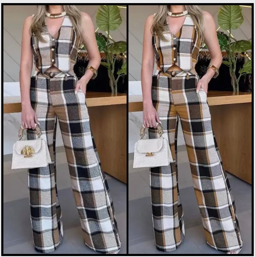 Women Fashion Plaid Sleeveless Vest Two Piece Pant Set