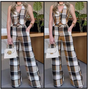 Women Fashion Plaid Sleeveless Vest Two Piece Pant Set