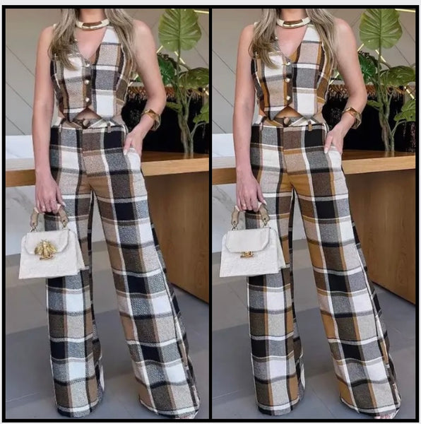 Women Fashion Plaid Sleeveless Vest Two Piece Pant Set