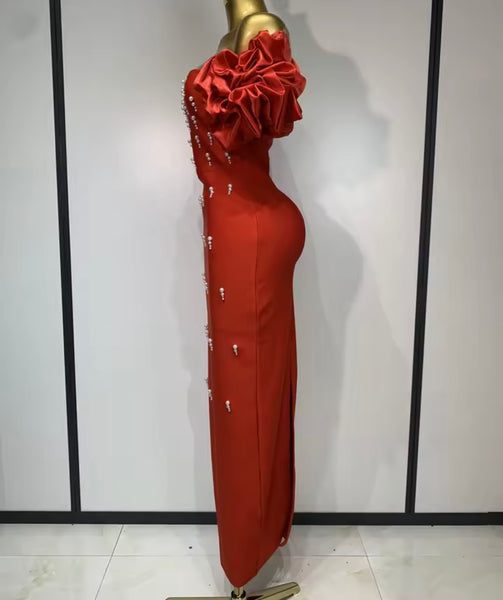 Women Sexy Strapless Pearl Patchwork Maxi Dress