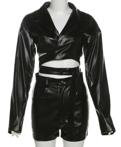 Women Black Faux Leather Full Sleeve Fashion Two Piece Short Set