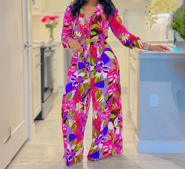 Women Fashion Button Up Floral Full Sleeve Two Piece Pant Set
