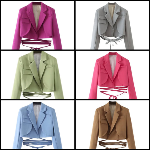 Women Fashion Solid Color Full Sleeve Wrap Around Blazer Top