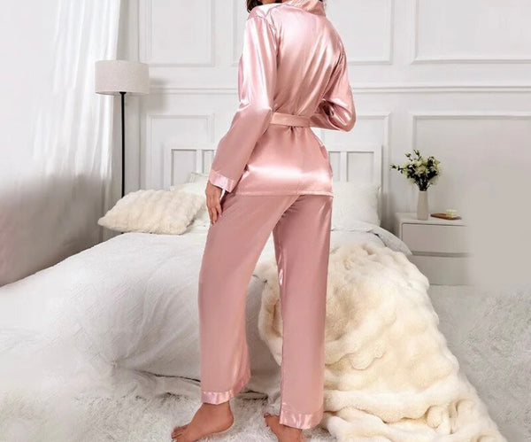 Women Pink Sexy Satin Full Sleeve Lingerie Set