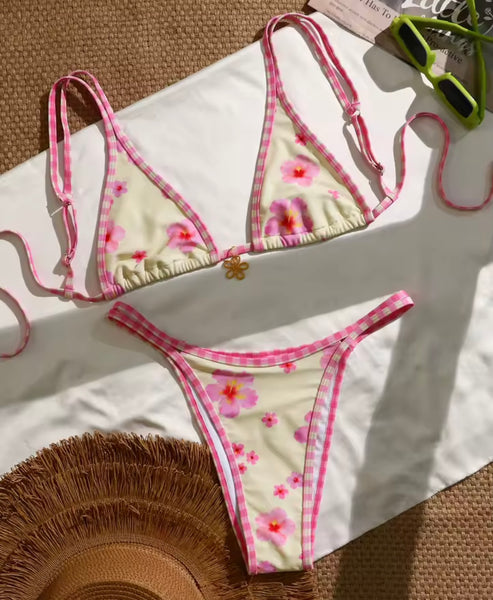Women Sexy Pink & White Floral Bikini Swimsuit