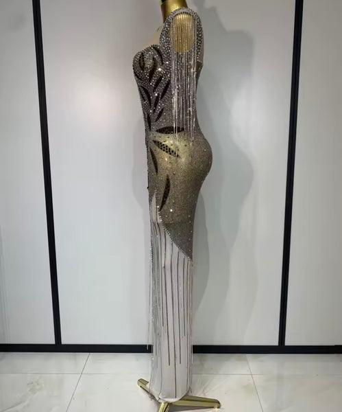 Women Sexy Rhinestone Tassel Sleeveless Mesh Maxi Dress