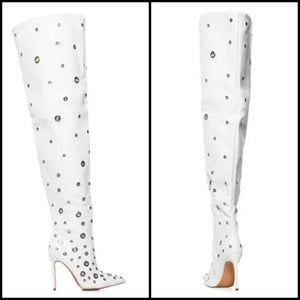 Women White Silver Metal Patchwork Knee High Boots