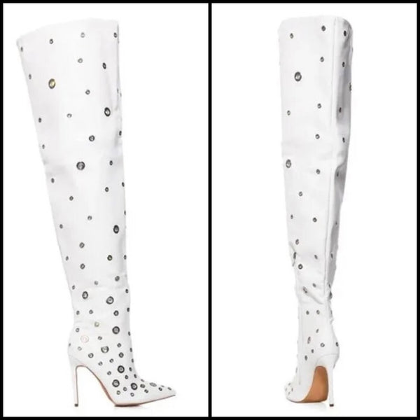 Women White Silver Metal Patchwork Knee High Boots