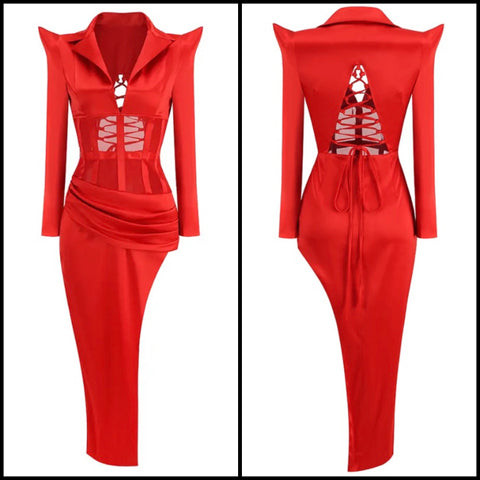 Women Sexy Red Open Back Full Sleeve Asymmetrical Dress