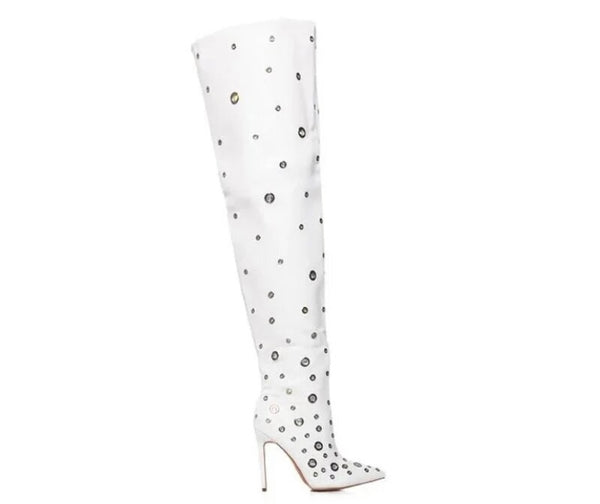 Women White Silver Metal Patchwork Knee High Boots