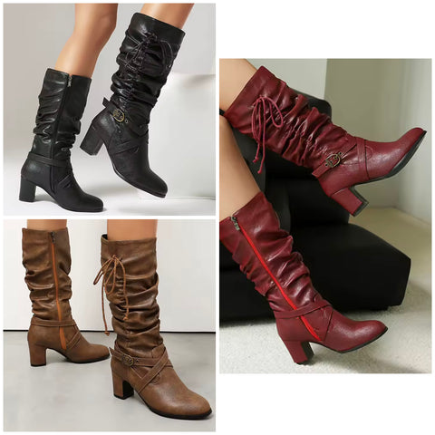 Women Fashion Buckled Ruched Tie Up Faux Leather Boots