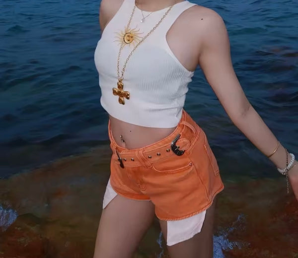 Women Fashion Orange Pocket Denim Shorts
