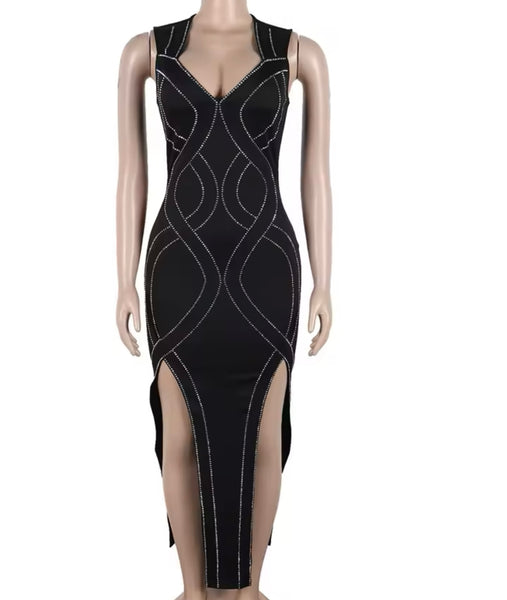 Women Sexy Sleeveless Black Bling Print Side Split Dress