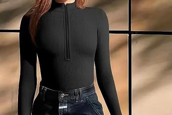 Women Fashion Ribbed Front Zipper Full Sleeve Bodysuit Top