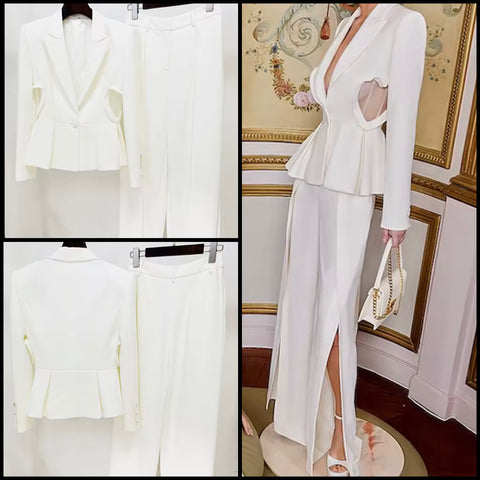 Women White Cut Out Mesh Button Up Blazer Two Piece Pant Set