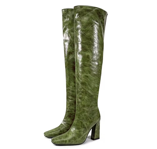 Women Color Faux Leather Square Toe Fashion Knee High Boots
