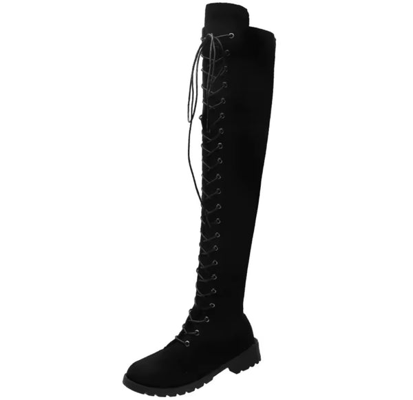 Women Fashion Color Suede Lace Up Over The Knee Flat Boots