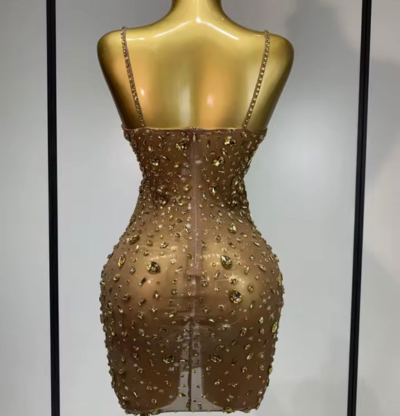 Women Sexy Sleeveless Rhinestone Mesh Dress
