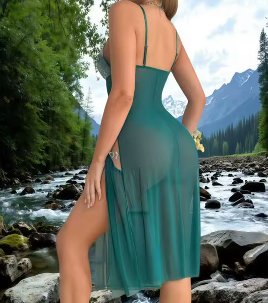 Women Sexy Sleeveless Floral Mesh Side Split Nightgown Lingerie