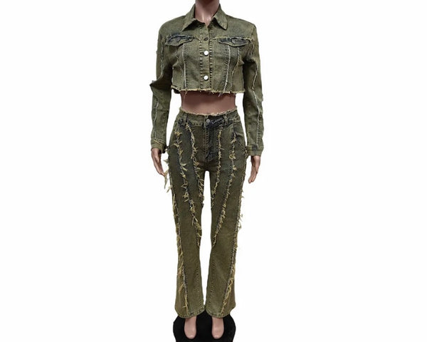 Women Fringe Fashion Denim Two Piece Jacket Pant Set