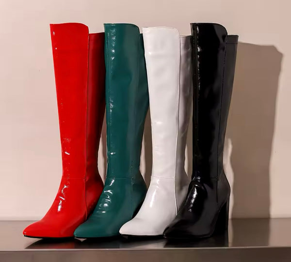 Women Color Faux Leather Fashion Knee High Zip Up Boots