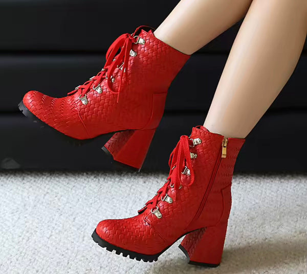 Women Fashion Lace Up Square Heel Ankle Boots
