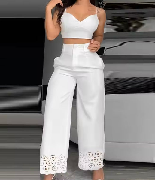 Women White Sleeveless Fashion Hollow Out Two Piece Pant Set