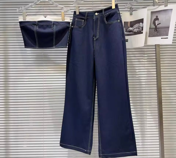 Women Fashion Strapless Crop Denim Two Piece Pant Set