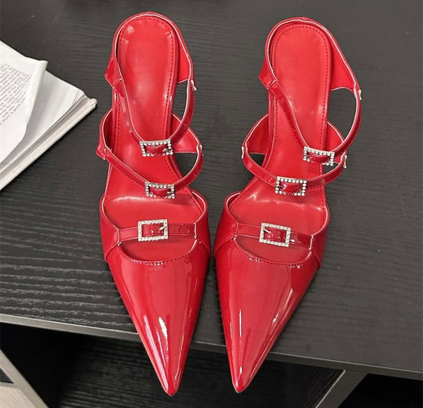 Women Fashion Pointed Toe Buckled Slide On Shoes