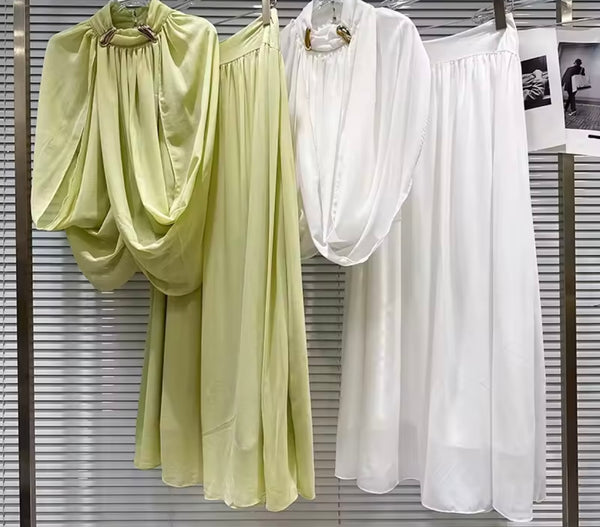Women Draped Sleeveless Sexy Two Piece Maxi Skirt Set