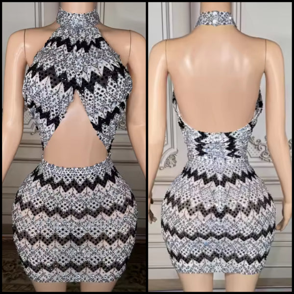 Women Sexy Halter Sleeveless Printed Rhinestone Dress