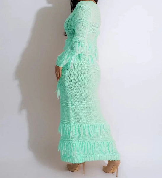 Women Sexy Button Up Full Sleeve Fringe Maxi Dress