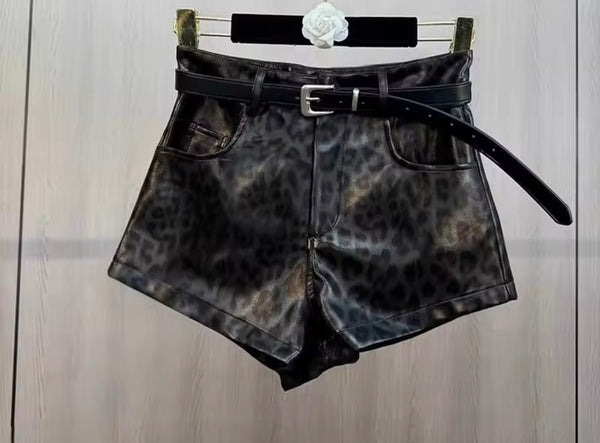 Women Fashion Animal Print PU Shorts