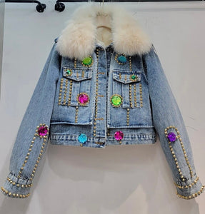 Women Fashion Faux Fur Patchwork Denim Color Crystal Jacket