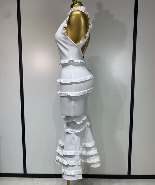 Women White Sexy Sleeveless Open Back Bandage Ruffled Dress