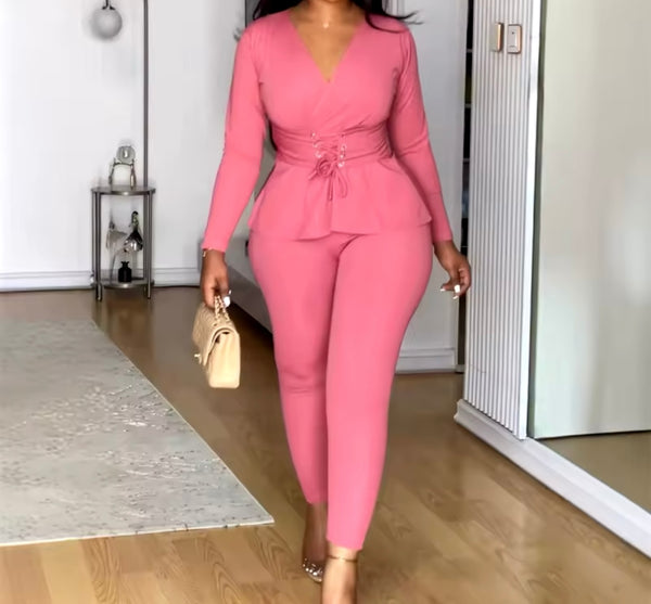 Women Solid Color Tie Up Full Sleeve Two Piece Pant Set