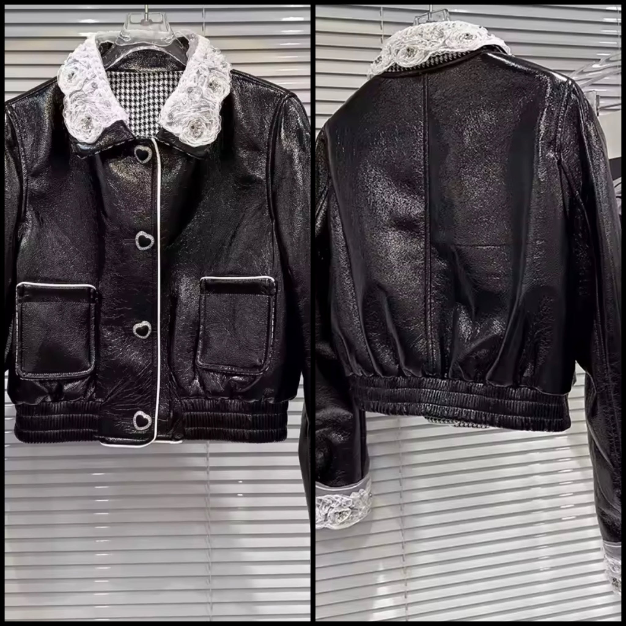 Women B&W Lace Faux Leather Heart Button Up Jacket